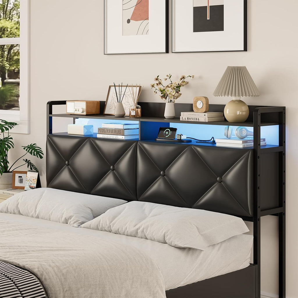 Headboard Queen Size with 2-Tier Open Space and Pull-Out Hidden Storage, Upholstered Headboard with Charging Station, Height Adjustable Sturdy Queen Bed Head Only, Easy Assembly, Black