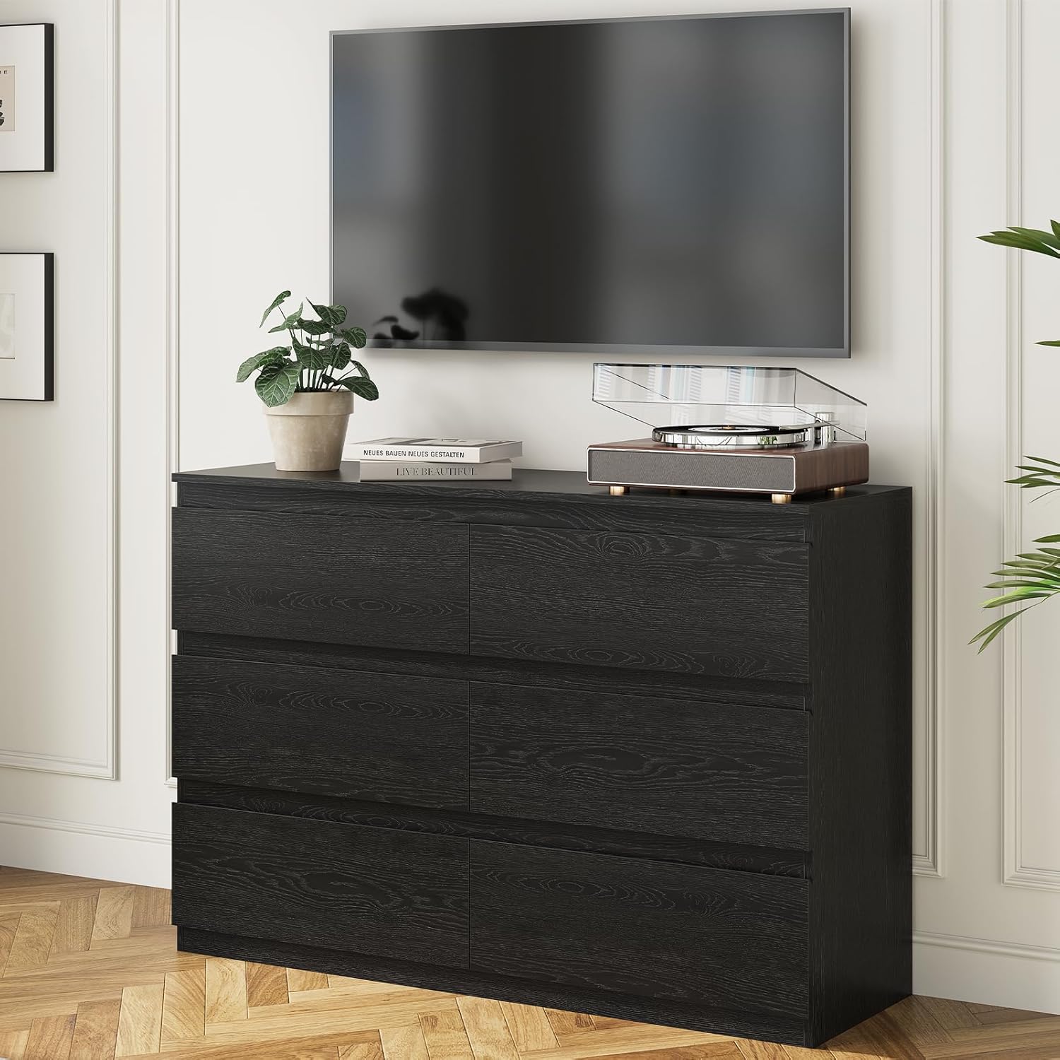 Black Wood Dresser, 6 Drawer Dressers for Clothes Storage for Bedroom, Modern Dresser with Wide Drawers, Wide Wooden Chest Drawers for Living Room|Entryway|TV Stand(47" W x15.4 Dx32.3 H)