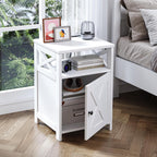 Farmhouse Nightstand with Charging Station and Barn Door, Bedside Table with Open Compartment and Storage, Side End Table for Bedroom, White