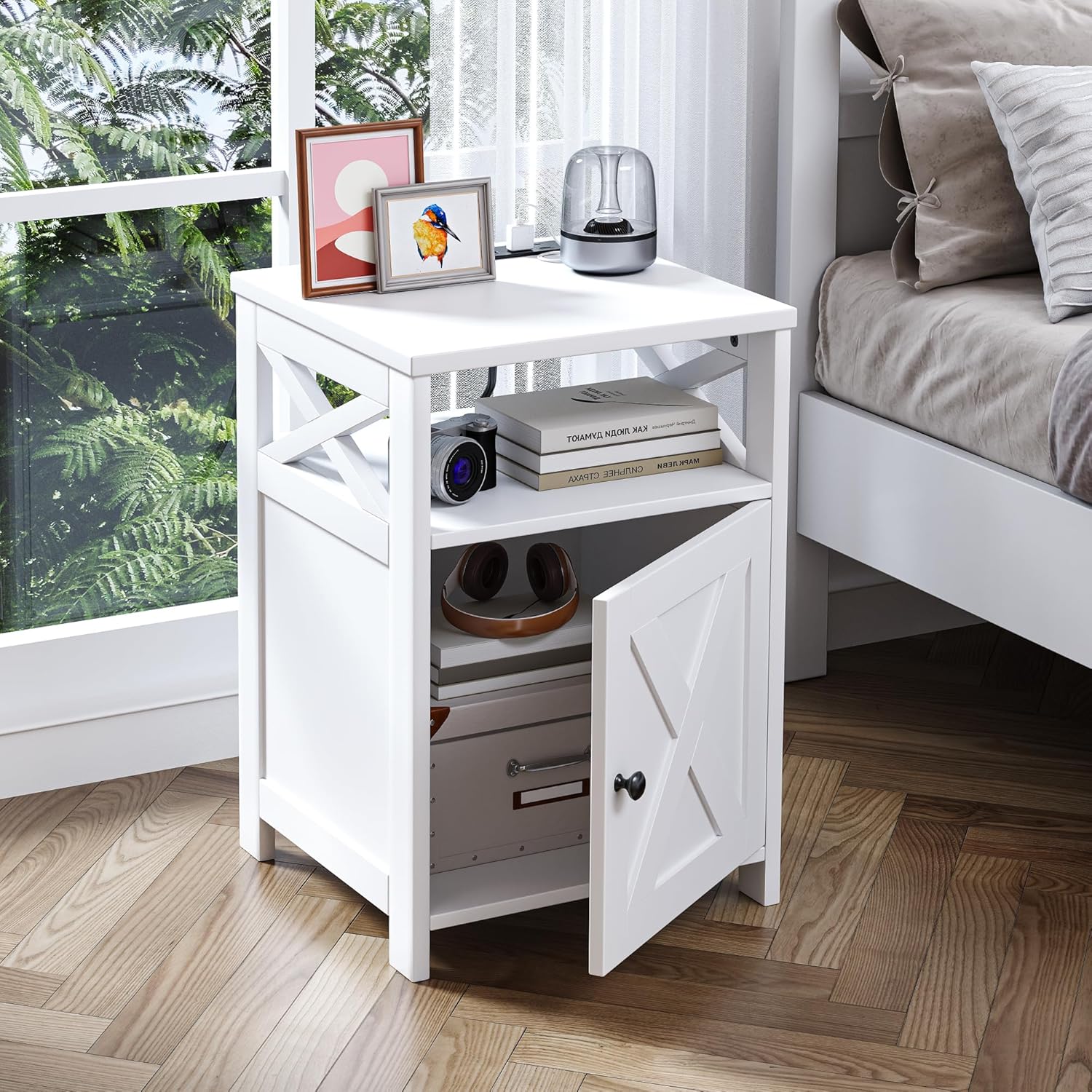 Farmhouse Nightstand with Charging Station and Barn Door, Bedside Table with Open Compartment and Storage, Side End Table for Bedroom, White