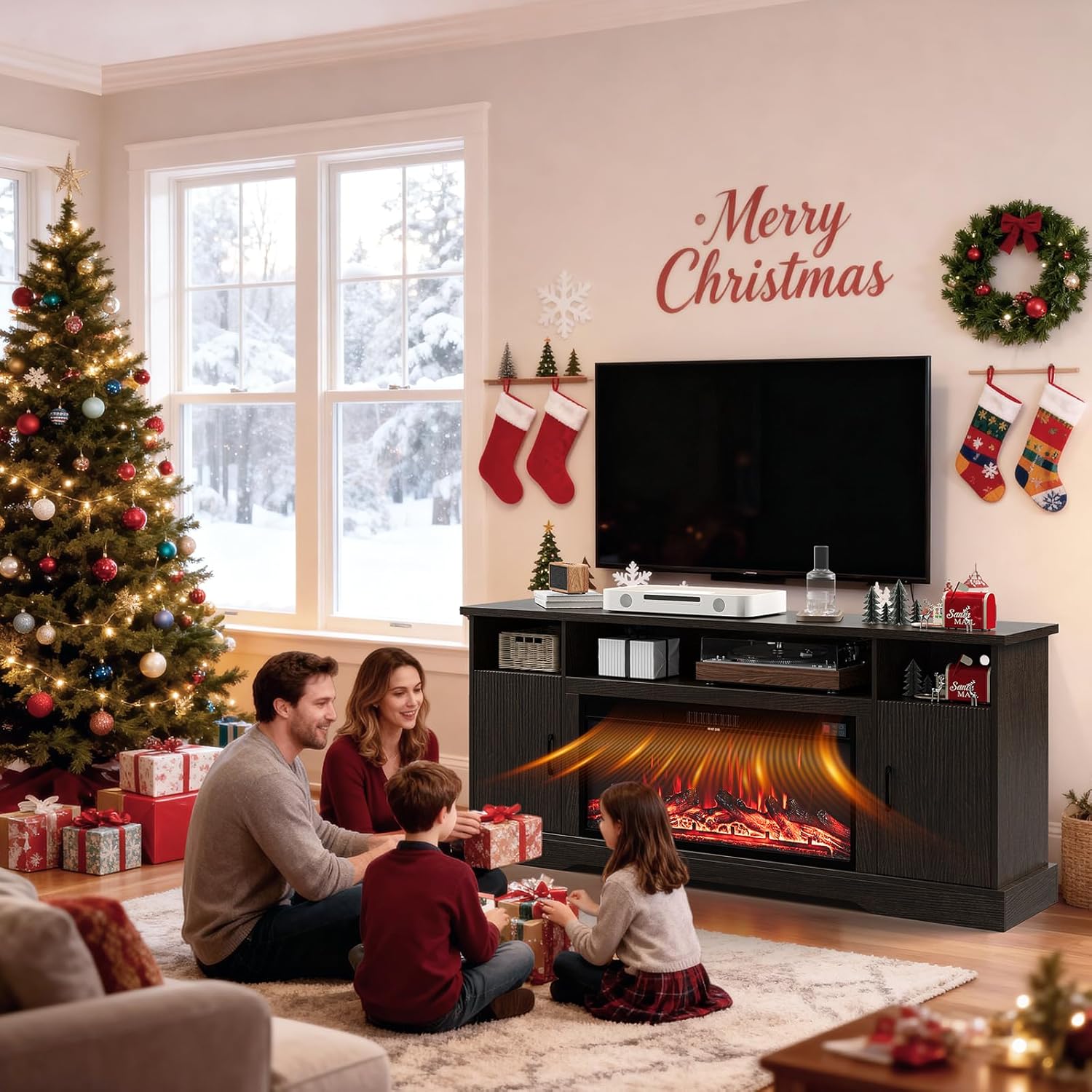 70 inch Fireplace TV Stand for Living Room, Electric Fireplace TV Stand with 12 Colors of 3D Flame & Heating, Entertainment Center with Storage Cabinet (Brown, Wavecrest)