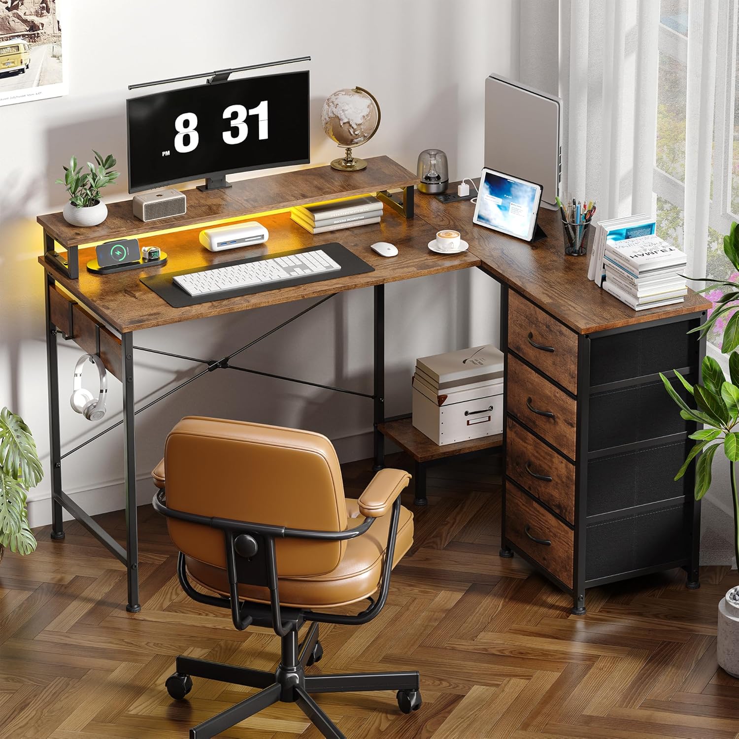 L Shaped Gaming Desk with 4 Drawers, 51" Reversible Computer Desk with Monitor Stand, Home Office Table with USB Port&LED Lights, L Shape Corner Desk with Open Shelves&Hooks, Rustic Brown