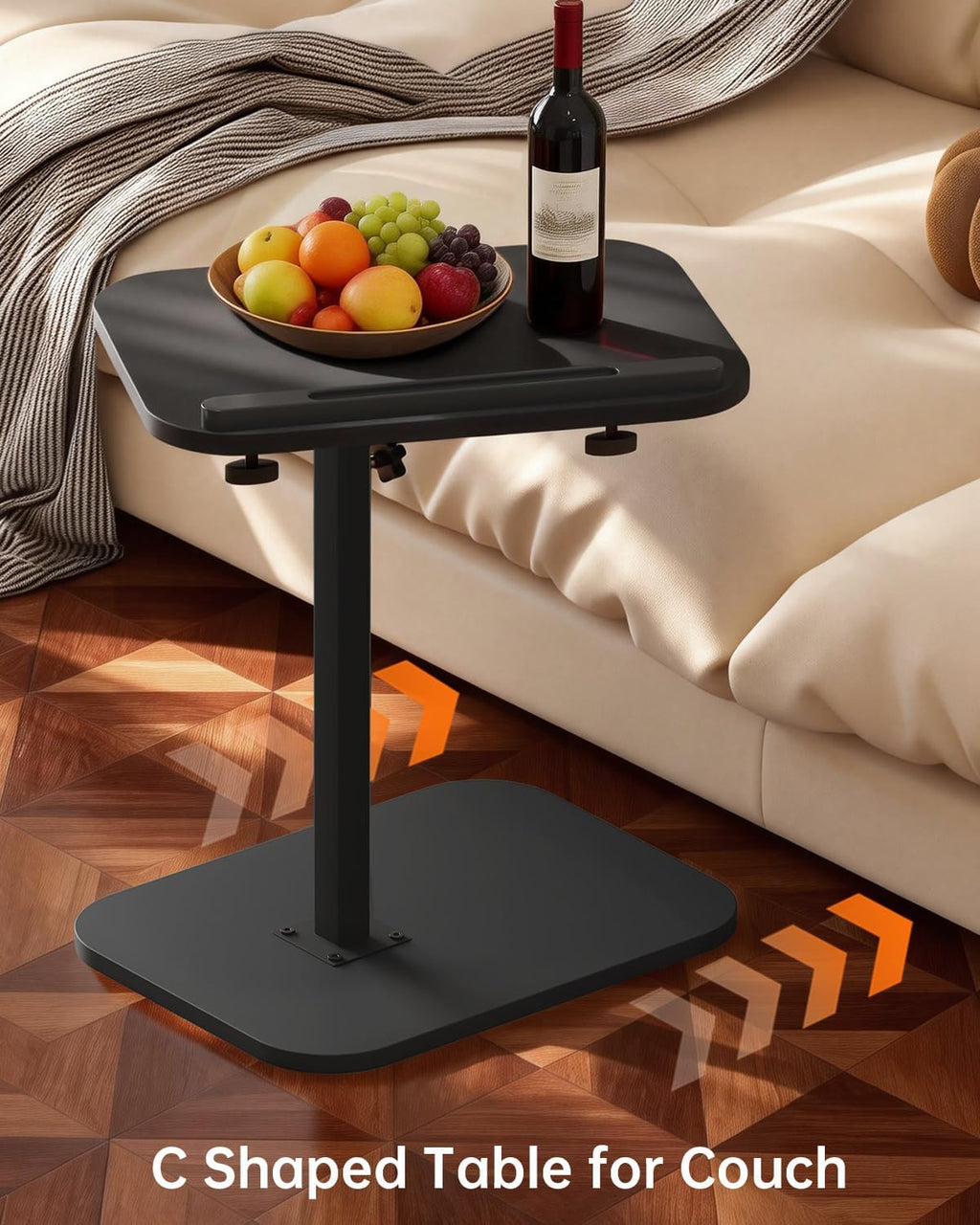 C Shaped End Table with Adjustable Height & 360° Swivel Top, Side Table & TV Tray Table for Living Room, Bedroom, Small Spaces, Black