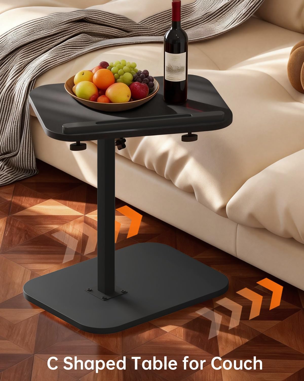 C Shaped End Table with Adjustable Height & 360° Swivel Top, Side Table & TV Tray Table for Living Room, Bedroom, Small Spaces, Black