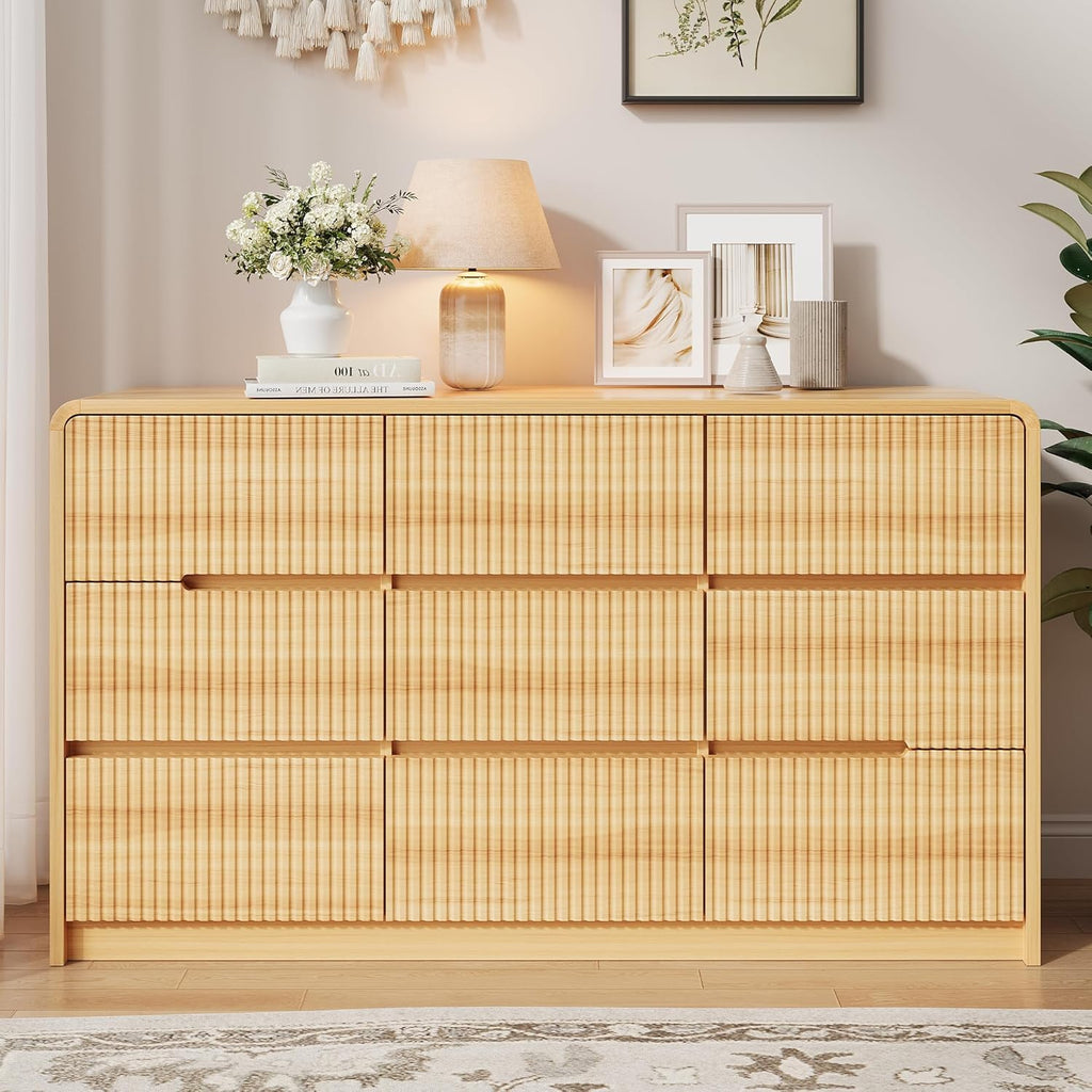 Fluted Dresser for Bedroom, 9 Drawer Dressers for Closet 55" Wide Large Wood Dresser Modern TV Stand, Wooden Clothes Storage Organizer Chest of Drawers for Living Room Hallway Entryway