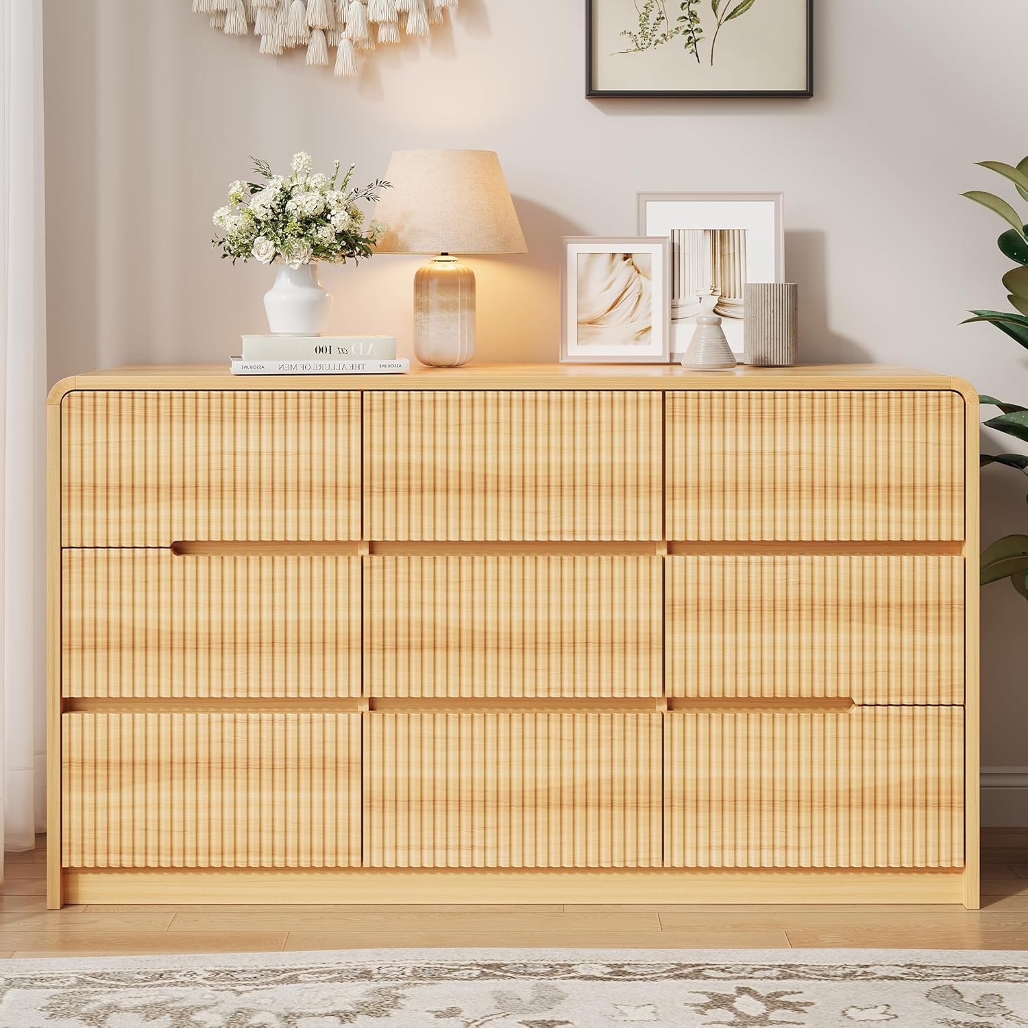 Fluted Dresser for Bedroom, 9 Drawer Dressers for Closet 55" Wide Large Wood Dresser Modern TV Stand, Wooden Clothes Storage Organizer Chest of Drawers for Living Room Hallway Entryway