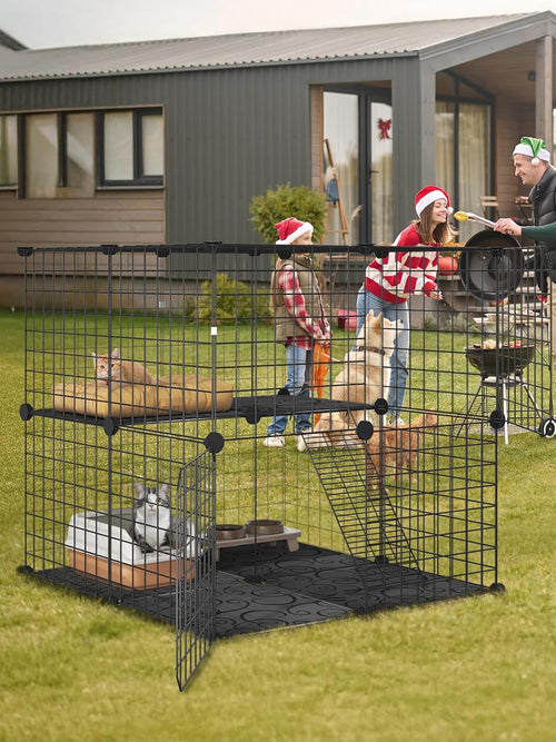 2 Tier Cat Cage with Climbing Ladder, Detachable Metal Wire Cat Kennels for Indoor Cats, DIY Cat Crate for Ferret, Squirrel and Small Animals, Black