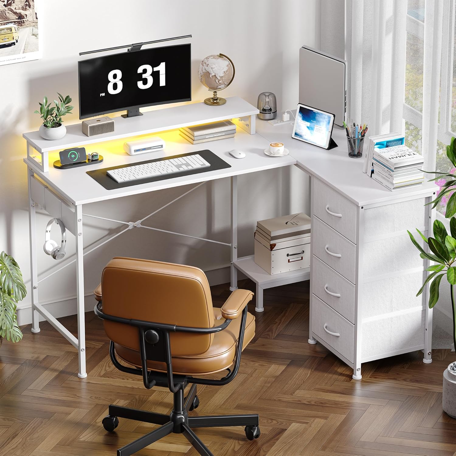 L Shaped Gaming Desk with 4 Drawers, 51" Reversible Computer Desk with Monitor Stand, Home Office Table with USB Port&LED Lights, L Shape Corner Office Desk with Open Shelves&Hooks, White