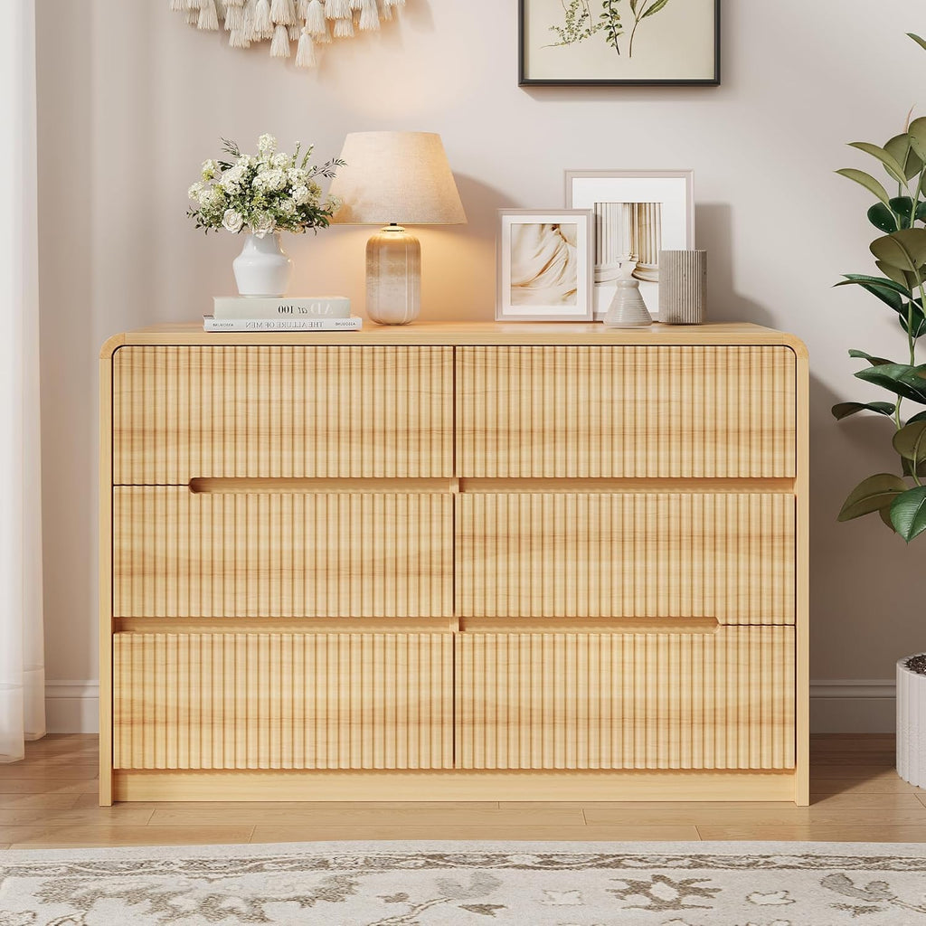 Fluted Dresser for Bedroom, 6 Drawer Dressers for Closet 48" Wide Large Wood Dresser Modern TV Stand, Wooden Clothes Storage Organizer Chest of Drawers for Living Room Hallway Entryway