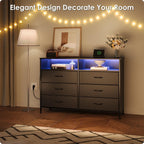6 Drawer Dresser for Bedroom with LED Lights and Charging Station, Modern Wood Dressers with Extra Side Bag, Double Wide Drawer Cabinet TV Stand for up to 60" TV for Living Room (Black)