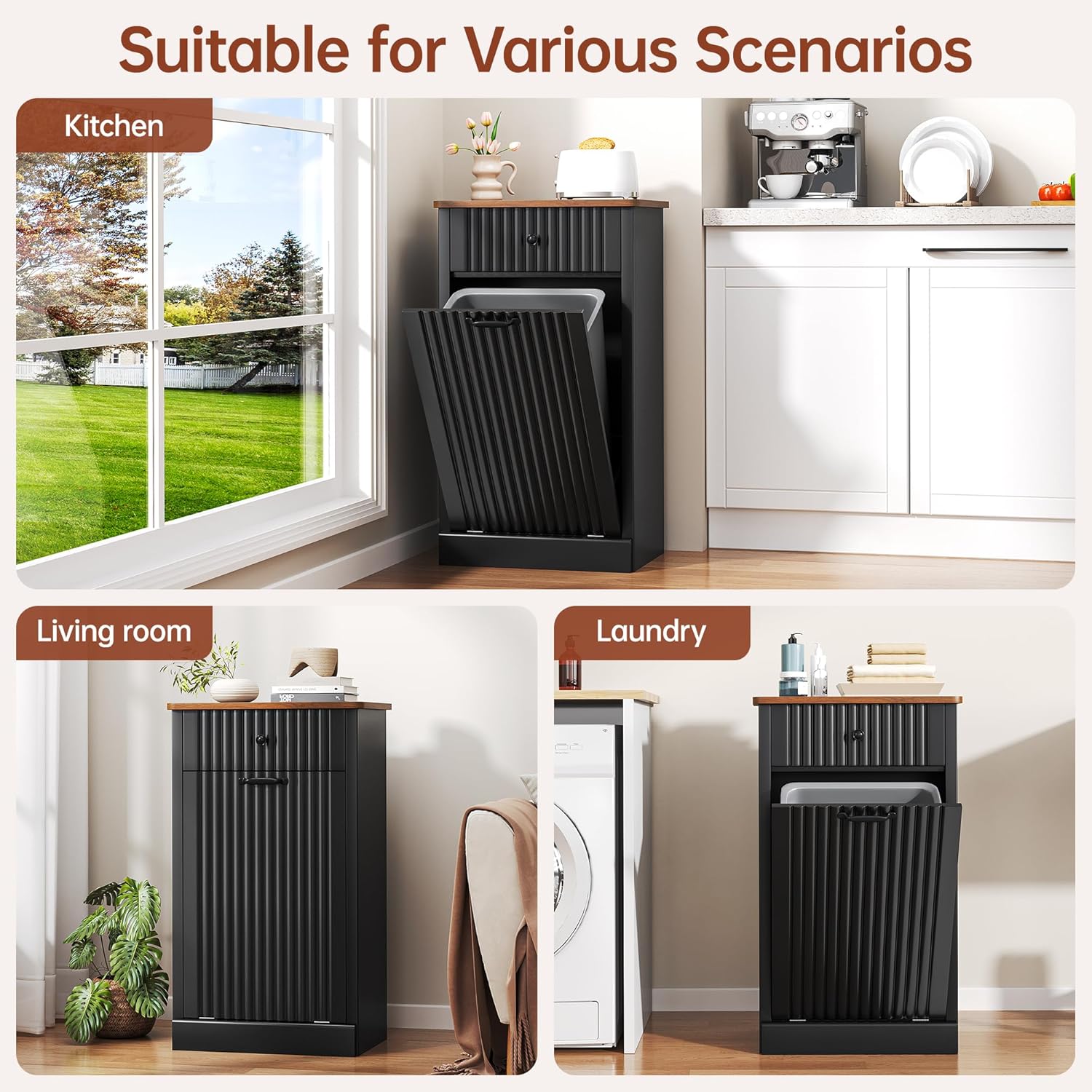 Tilt Out Trash Can Cabinet 10 Gallon, Wooden Laundry Hamper with Hideaway Drawer, Recycling Trash Can Storage for Kitchen Laundry Living Room (Black, 10 Gallon)