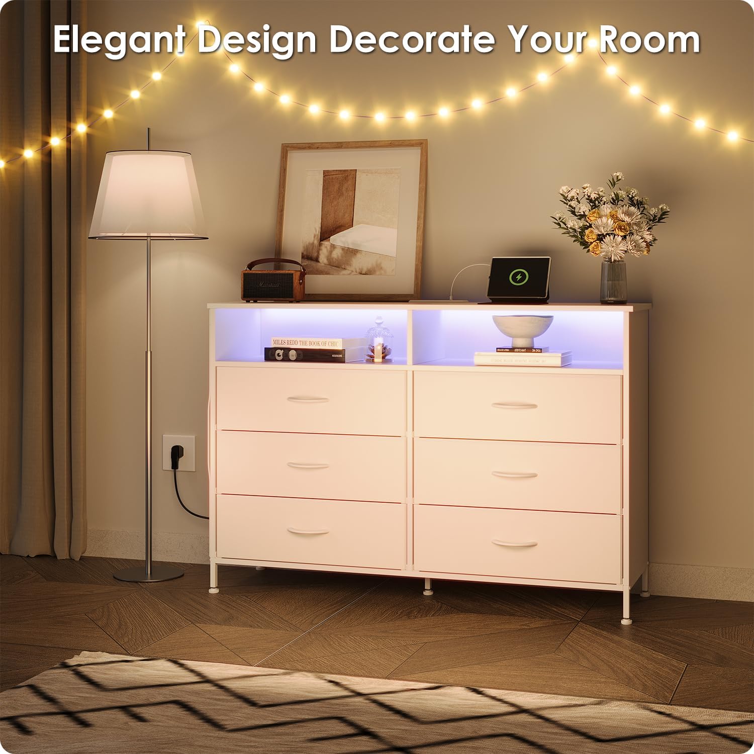 6 Drawer Dresser for Bedroom with LED Lights and Charging Station, Modern Wood Dressers with Extra Side Bag, Double Wide Drawer Cabinet TV Stand for up to 60" TV for Living Room (White)