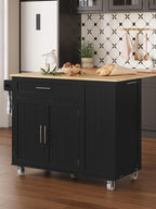 Kitchen Island with Storage, 31.5" D Rolling Kitchen Cart on Wheels with Widen Drop Leaf Rubberwood Top, Large Mobile Kitchen Island with Trash Can Storage and Towel Bar, Black