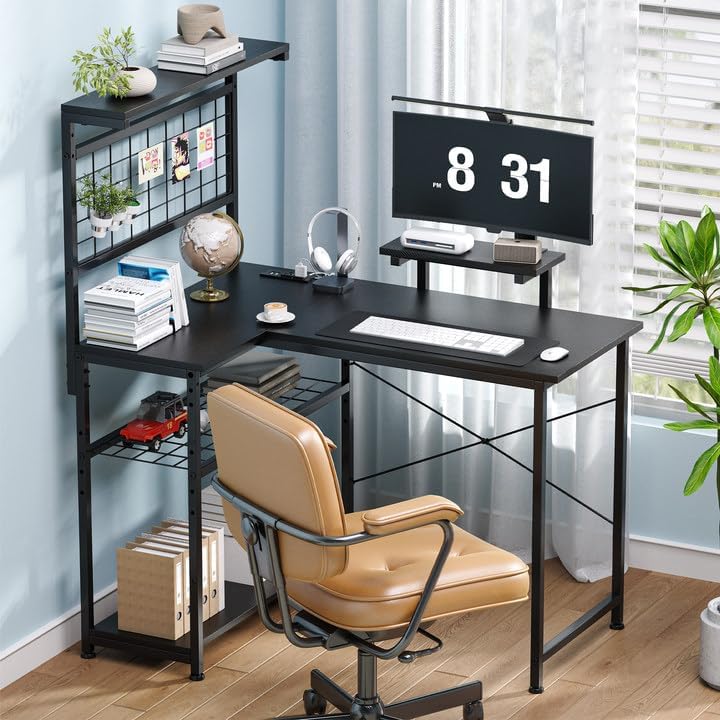 L Shaped Gaming Desk, Reversible Computer Desk with 4-Tier Shelves, Corner Desk with Pegboard, Home Office Desk with LED Lights & Power Outlets Gaming Desk with Storage, Black