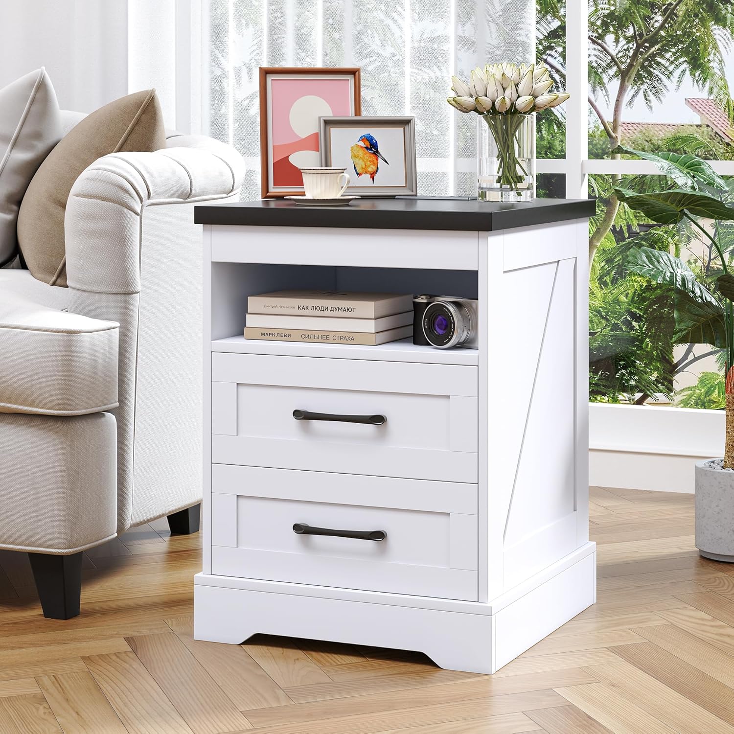 Farmhouse Nightstand with LED Lights and Built-in Power Outlets & USB Ports, Bedside Table with 2 Drawers and Open Storage Shelf, End Table for Bedroom, White