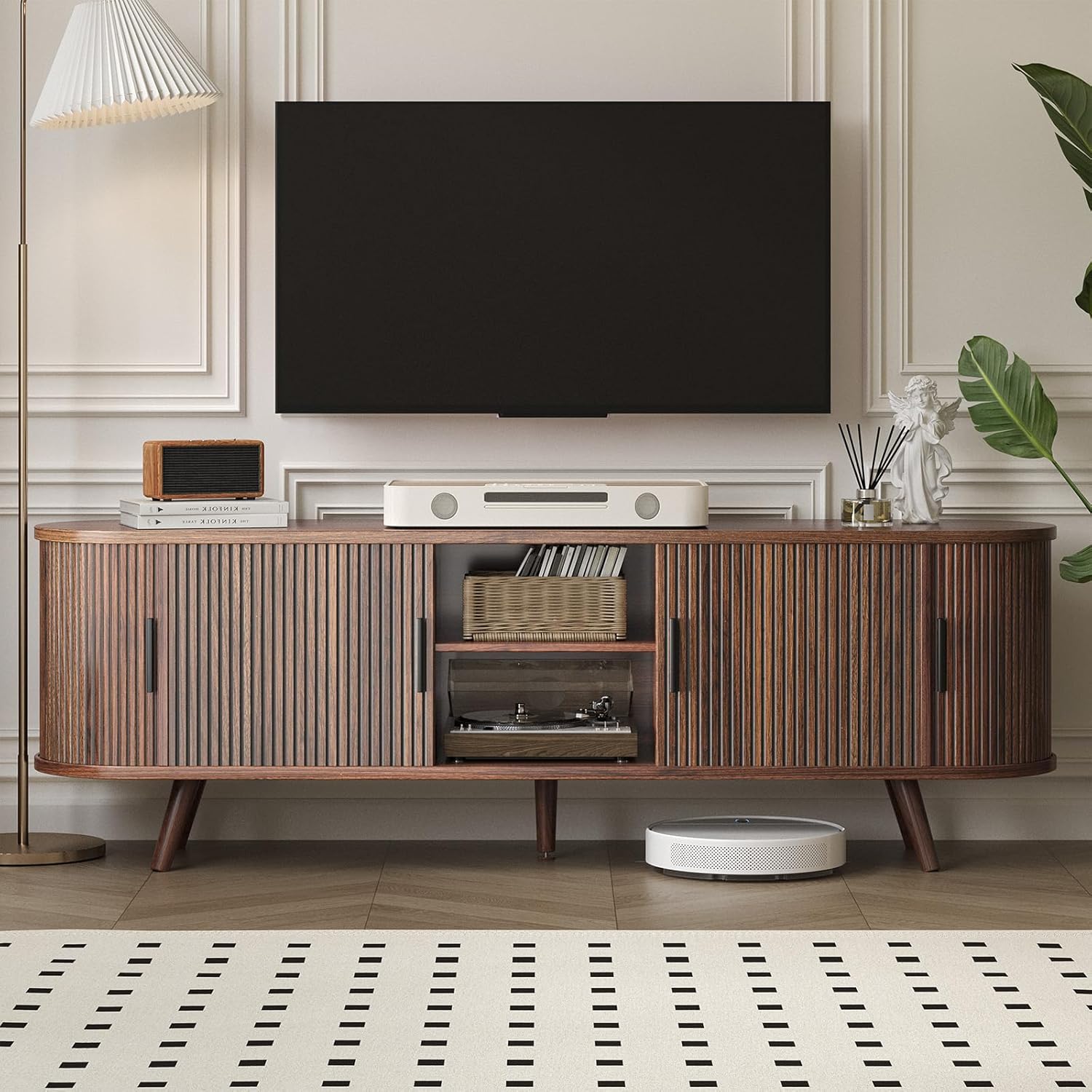 62" Fluted TV Stand, Mid Century Modern TV Stand for TVs up to 70", Entertainment Center with Storage, Sliding Doors, Adjustable Shelf, Wood Media Console for Living Room, Bedroom, Walnut