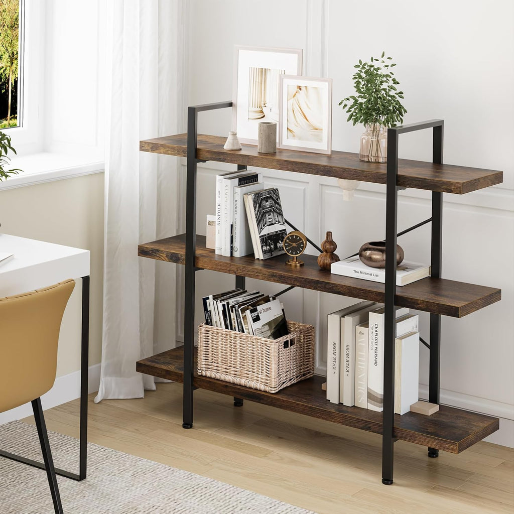 Heavy Duty 3-Tier Industrial Bookcase, 39" Wide Wood Bookshelf for Home Office, 120lbs Shelf Capacity, Rustic Open Shelving Display with Reinforced Horizontal Shelf for Living Room Bedroom