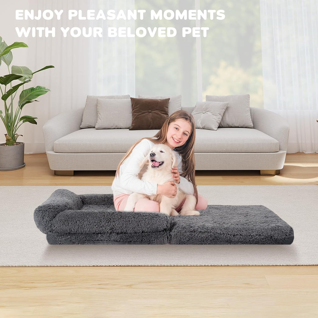 57" Foldable Human Dog Bed for Kids, Fluffy Faux Fur, Orthopedic Washable Dog Bed with Memory Foam and Water Repellent Liner Thick for Pet Installation Free (Grey)