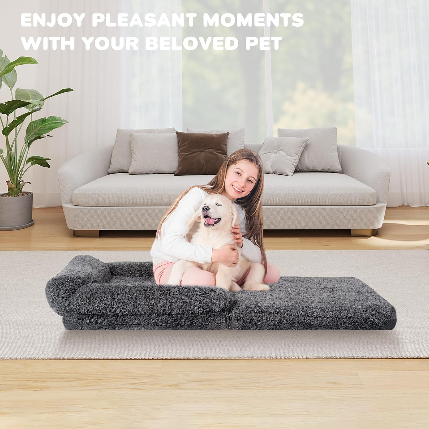 57" Foldable Human Dog Bed for Kids, Fluffy Faux Fur, Orthopedic Washable Dog Bed with Memory Foam and Water Repellent Liner Thick for Pet Installation Free (Grey)