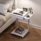 C Shaped End Table, Rolling Side Table with 4-Way Convertible Desktop, Wooden C Table with Multi-functional Folding Tray & Lockable Wheels, Side Table for Couch, Living Room, Bedroom, White