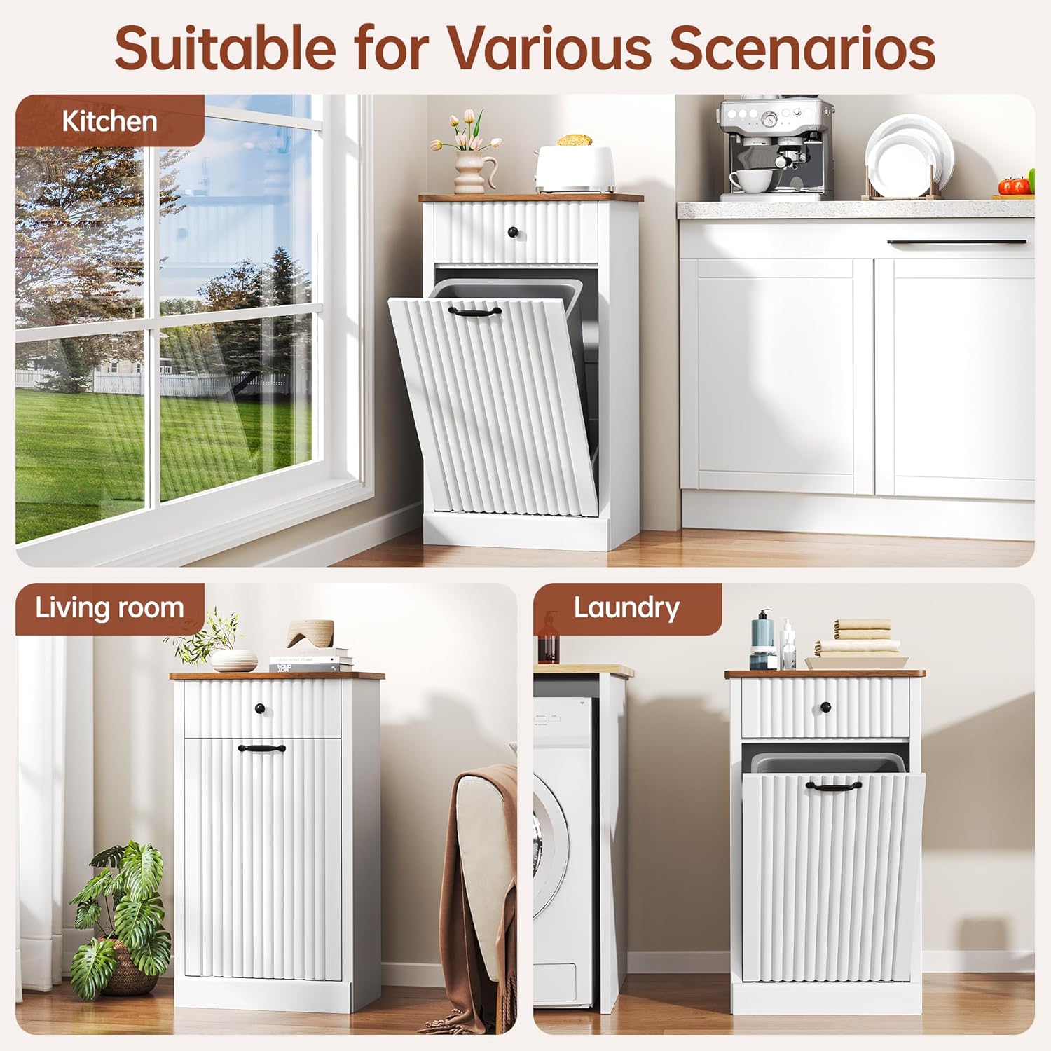 Tilt Out Trash Can Cabinet 10 Gallon, Wooden Laundry Hamper with Hideaway Drawer, Recycling Trash Can Storage for Kitchen Laundry Living Room (White, 10 Gallon)