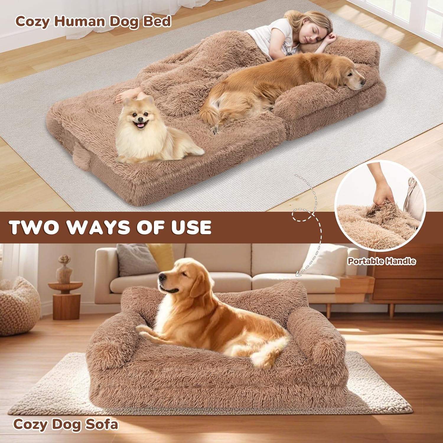 79" Foldable Human Dog Bed for Adults, Fluffy Faux Fur with Blanket, Orthopedic Washable Dog Bed with Memory Foam and Water Repellent Liner Extra Large Thick for Pet (Brown)