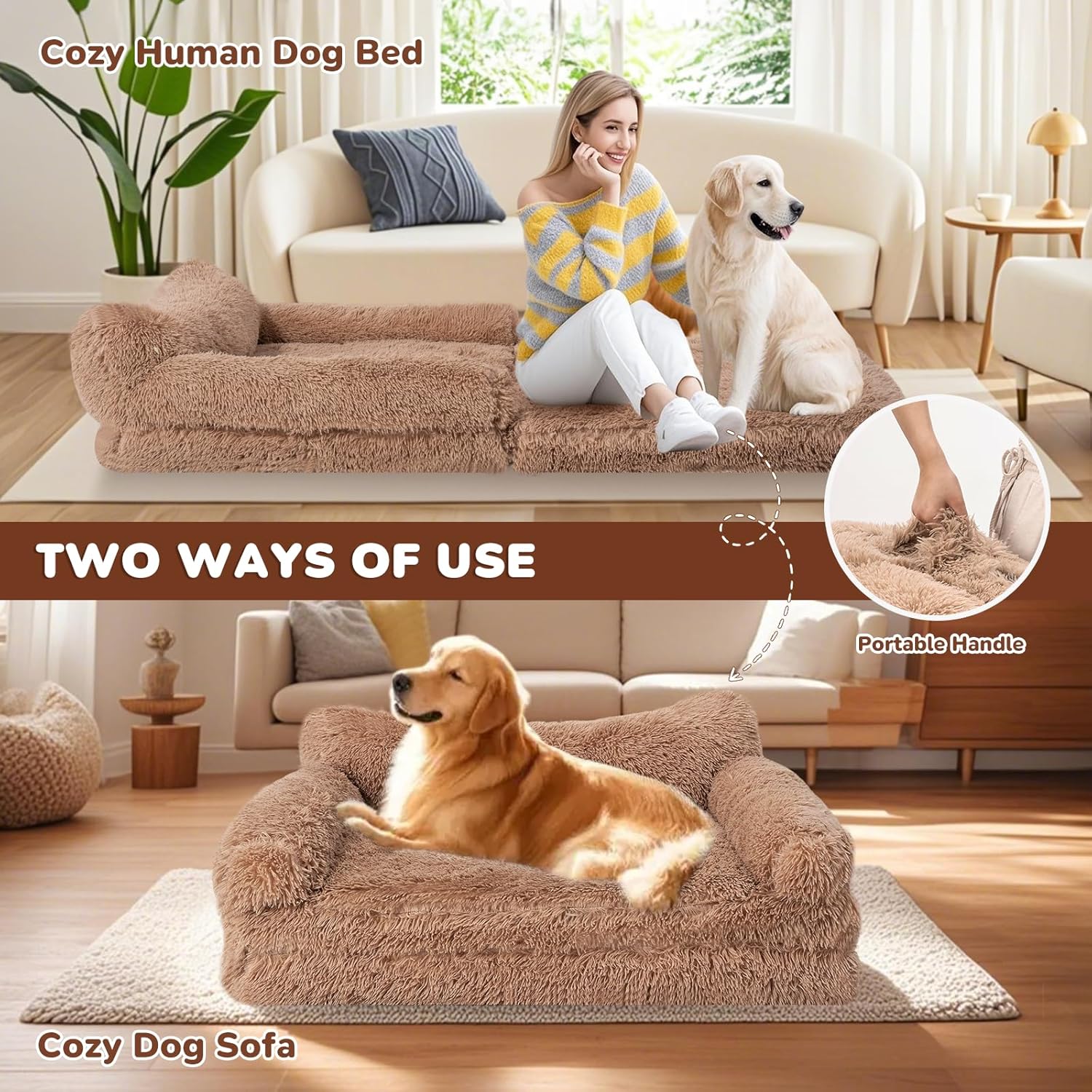 72" Foldable Human Dog Bed for Adults, Fluffy Faux Fur with Blanket, Orthopedic Washable Dog Bed with Memory Foam and Water Repellent Liner Extra Large Thick for Pet (Brown)