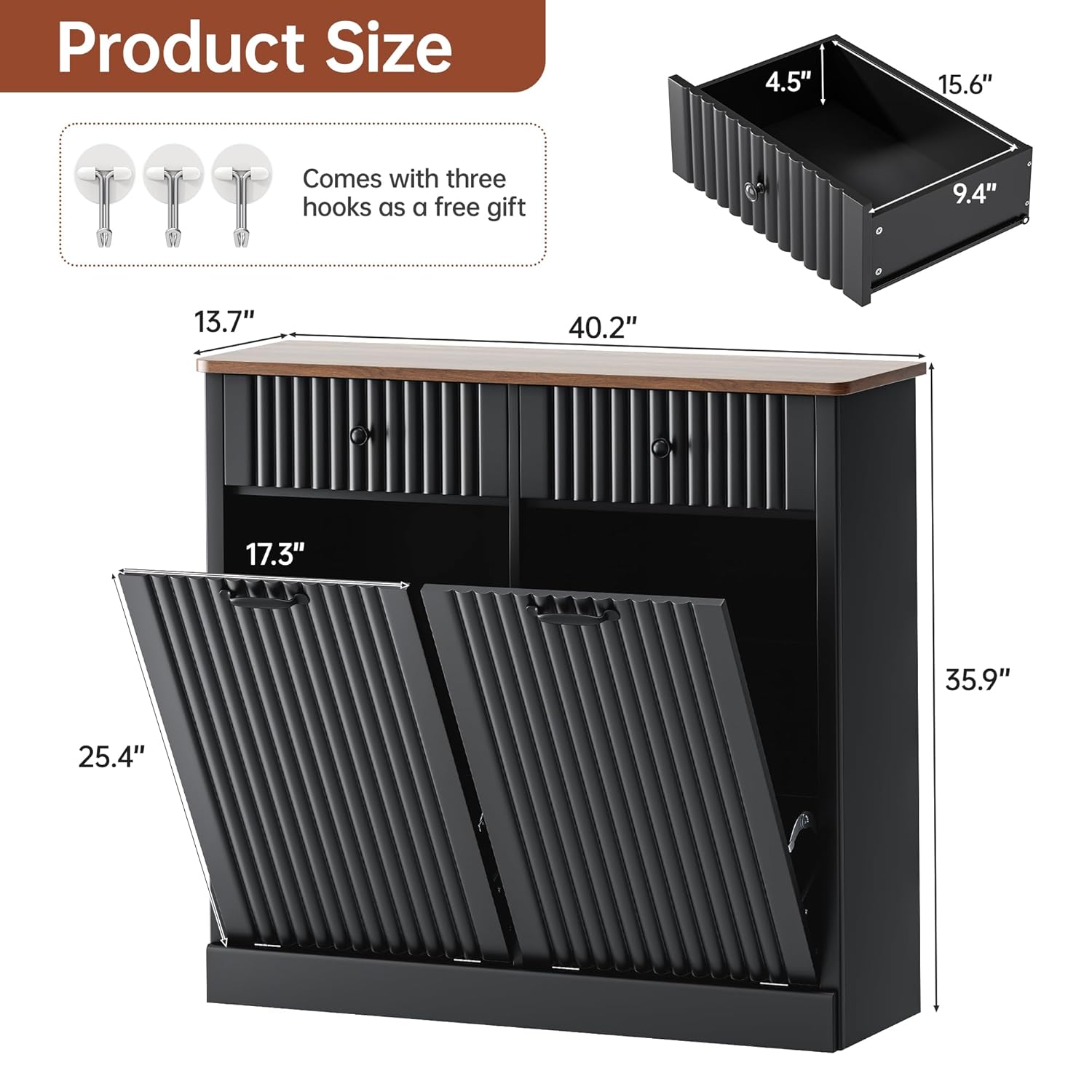 Double Tilt Out Trash Can Cabinet 20 Gallon Large Wooden, Free Standing Laundry Sorter with 2 Hideaway Drawer, 2 Doors Recycling Trash Can Storage for Kitchen Laundry (Black, 20 Gallon)