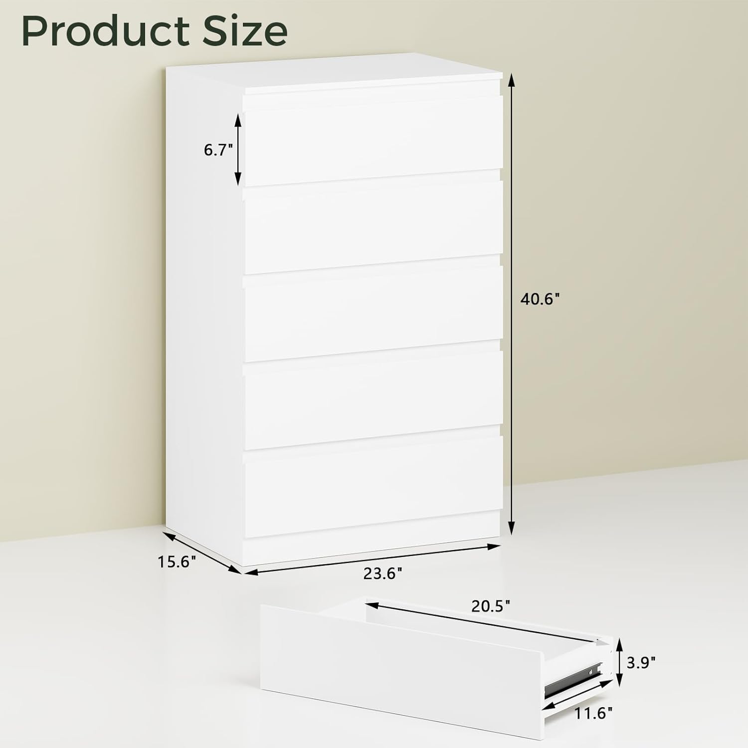 White Wood Dresser for Bedroom, 5 Drawer for Clothes Storage, Modern Dresser with Wide Drawers, Wide Wooden Chest Drawers for Living Room, Entryway, TV Stand