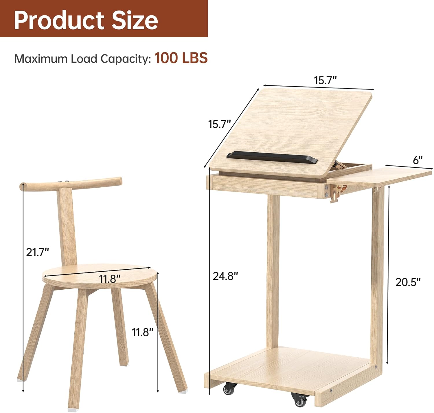C Shaped End Table, Rolling Side Table with 4-Way Convertible Desktop, Wooden C Table with Multi-Functional Folding Tray & Small Chair, Living Room, Bedroom, White Oak