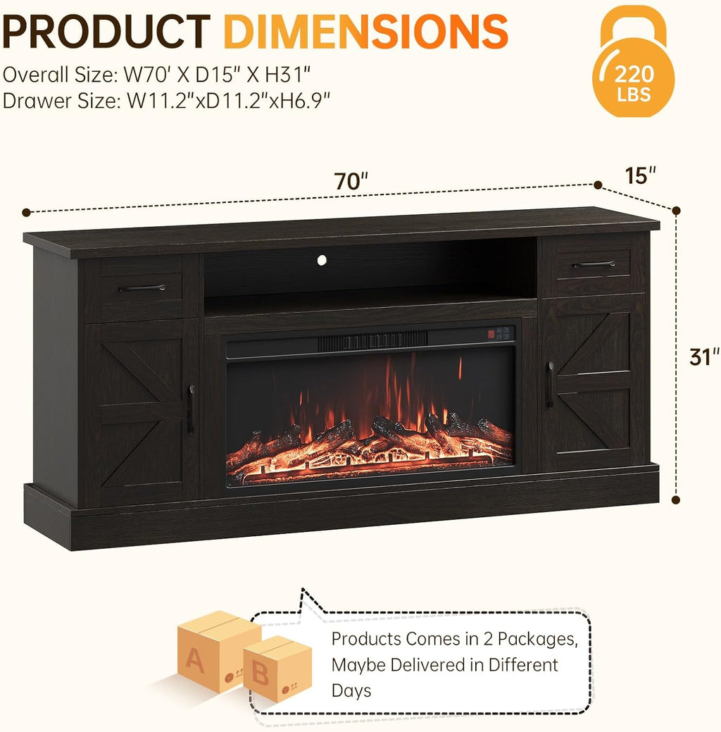 70 inch Fireplace TV Stand for Living Room, Electric Fireplace TV Stand with 12 Colors of 3D Flame & Heating, Entertainment Center with Storage Cabinet (Brown, Farmhouse)