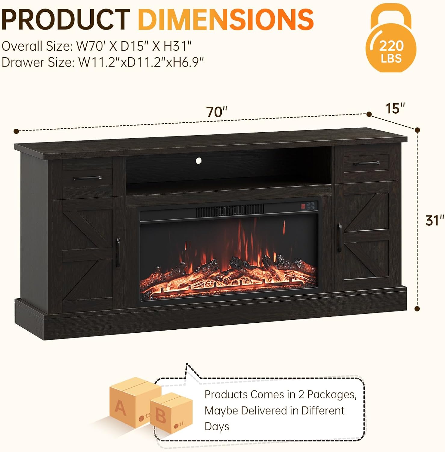 70 inch Fireplace TV Stand for Living Room, Electric Fireplace TV Stand with 12 Colors of 3D Flame & Heating, Entertainment Center with Storage Cabinet (Brown, Farmhouse)