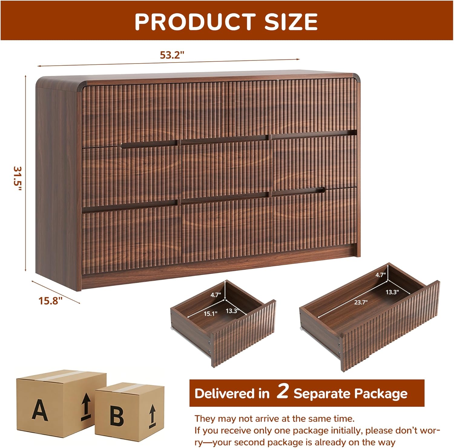 Fluted Dresser for Bedroom, 8 Drawer Dressers for Closet 53" Wide Large Wood Dresser Modern TV Stand, Wooden Clothes Storage Organizer Chest of Drawers for Living Room Hallway Entryway