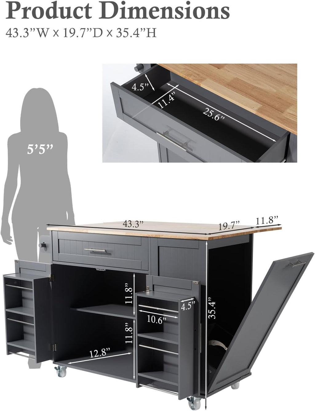 Kitchen Island with Storage, 31.5" D Rolling Kitchen Cart on Wheels with Widen Drop Leaf Rubberwood Top, Large Mobile Kitchen Island with Trash Can Storage and Towel Bar, Grey