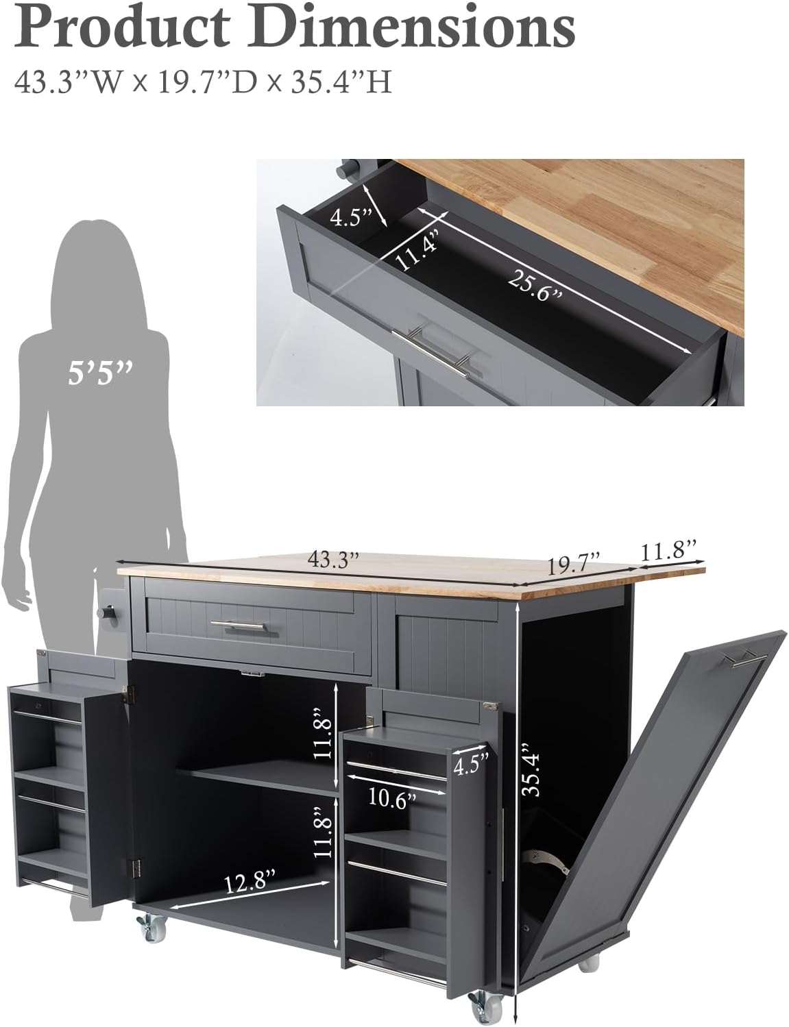 Kitchen Island with Storage, 31.5" D Rolling Kitchen Cart on Wheels with Widen Drop Leaf Rubberwood Top, Large Mobile Kitchen Island with Trash Can Storage and Towel Bar, Grey