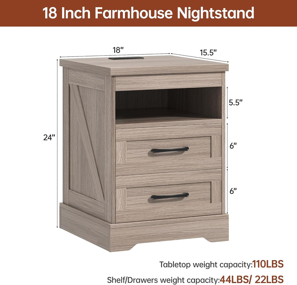 Farmhouse Nightstand with LED Lights and Built-in Power Outlets & USB Ports, Bedside Table with 2 Drawers and Open Storage Shelf, End Table for Bedroom, Grey