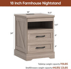 Farmhouse Nightstand with LED Lights and Built-in Power Outlets & USB Ports, Bedside Table with 2 Drawers and Open Storage Shelf, End Table for Bedroom, Grey