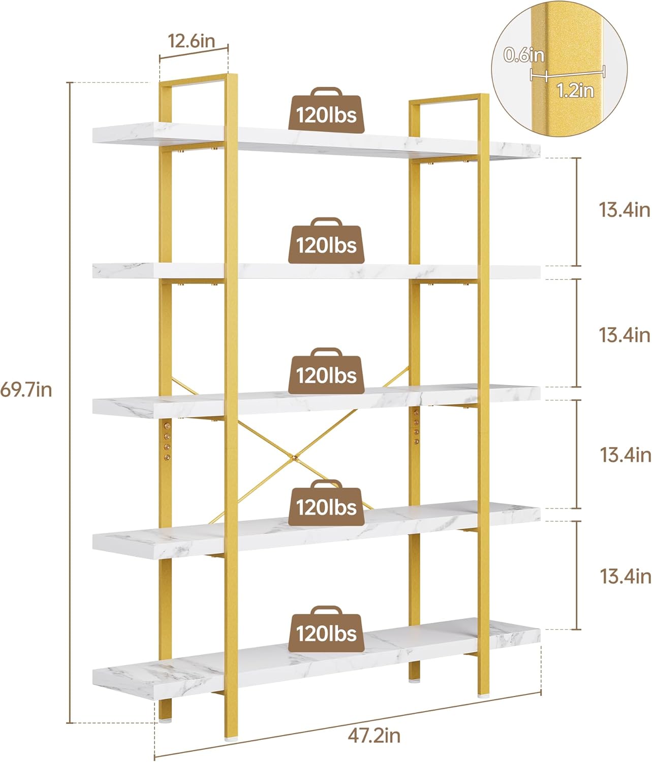 Heavy Duty 5-Tier Industrial Bookcase, 47" Wide Wood Bookshelf for Home Office, 120lbs Shelf Capacity, Shelving Display with Reinforced Horizontal Shelf for Living Room Bedroom,White