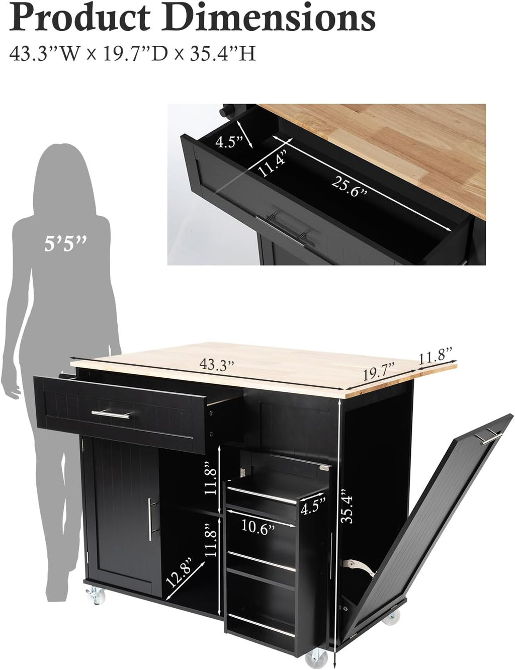 Kitchen Island with Storage, 31.5" D Rolling Kitchen Cart on Wheels with Widen Drop Leaf Rubberwood Top, Large Mobile Kitchen Island with Trash Can Storage and Towel Bar, Black