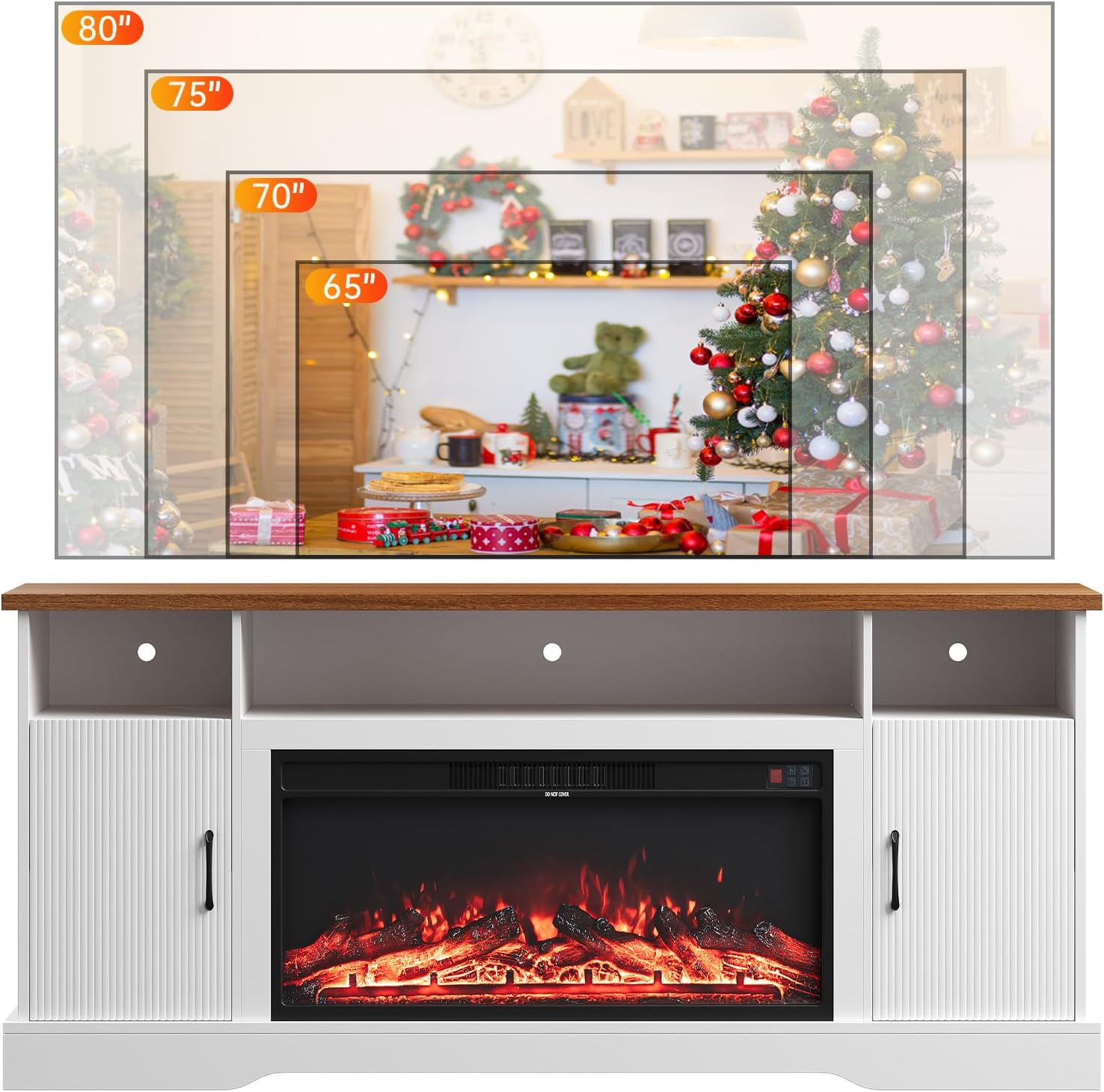 70 inch Fireplace TV Stand for Living Room, Electric Fireplace TV Stand with 12 Colors of 3D Flame & Heating, Entertainment Center with Storage Cabinet (White, Wavecrest)