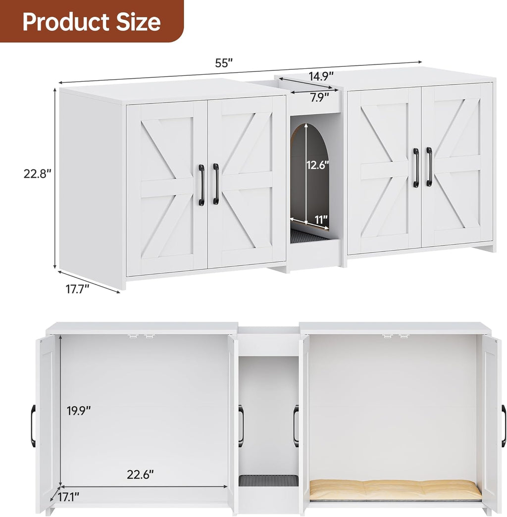 Litter Box Enclosure for 2 Cats, Hidden Litter Box Furniture with Double Rooms, Cat Bed, PVC Pad and Scratch Pad, White