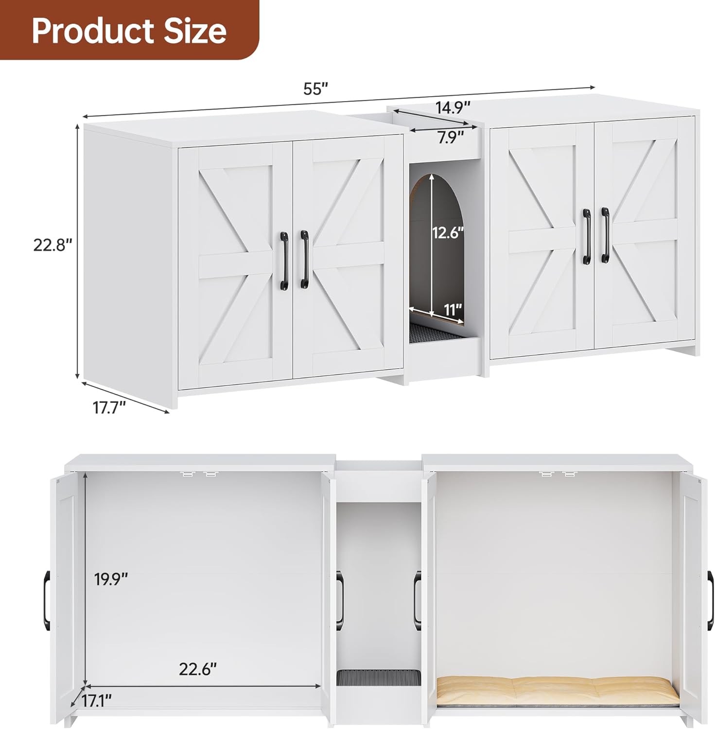 Litter Box Enclosure for 2 Cats, Hidden Litter Box Furniture with Double Rooms, Cat Bed, PVC Pad and Scratch Pad, White