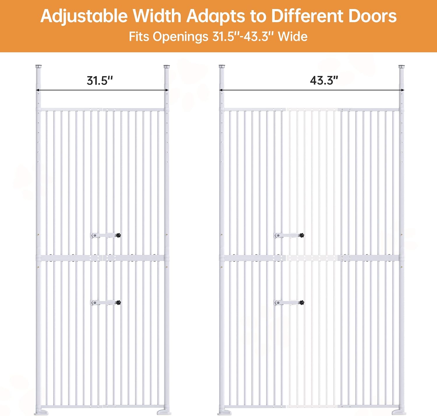 71'' Extra Tall Pet Gate, 31.5-43.3'' Extra Wide Cat Gate for Doorway, No Drilling, 1.37'' Extra Narrow Gap, Double Opening & Easy Lock, Cat Proof Gate Full Door