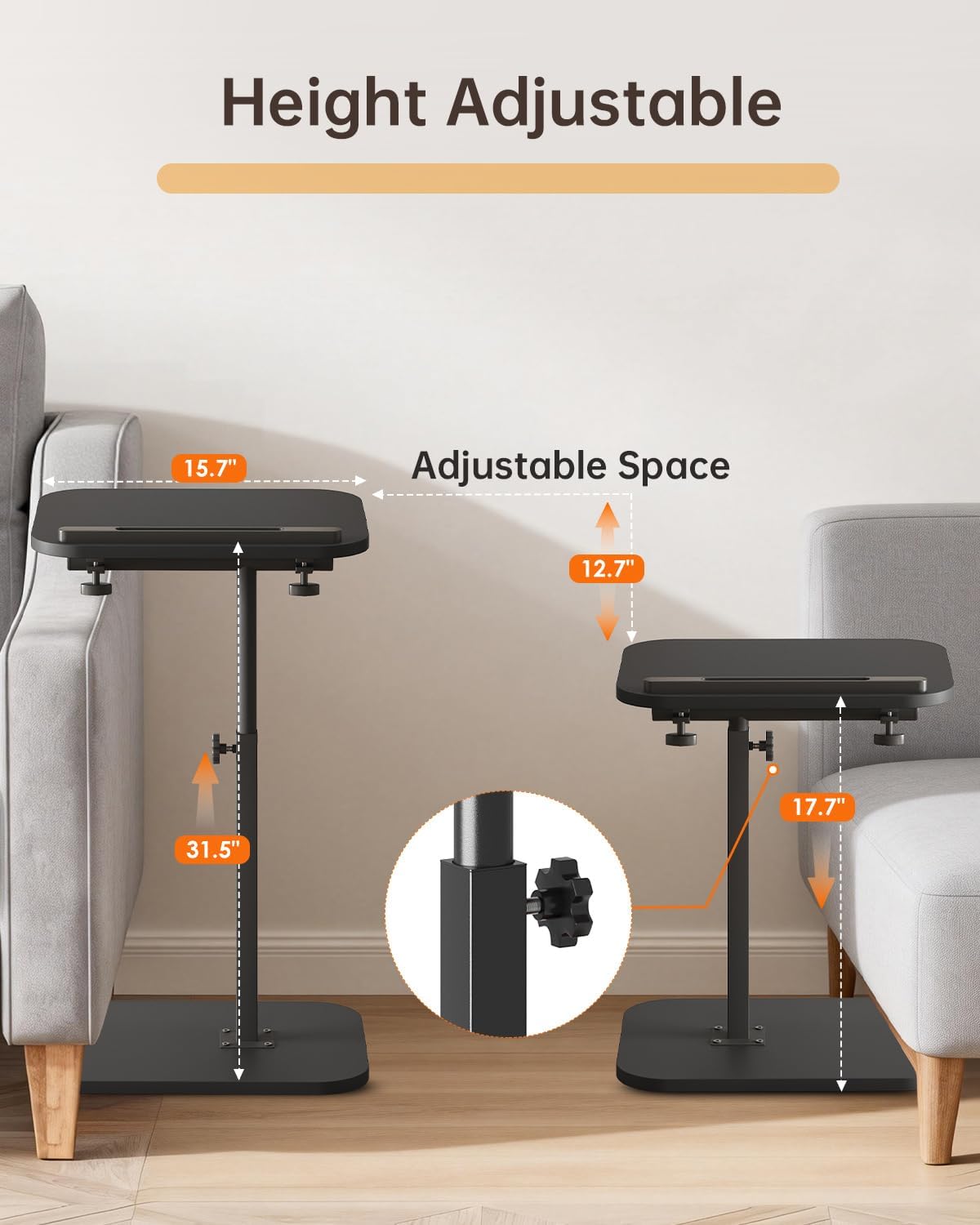 C Shaped End Table with Adjustable Height & 360° Swivel Top, Side Table & TV Tray Table for Living Room, Bedroom, Small Spaces, Black