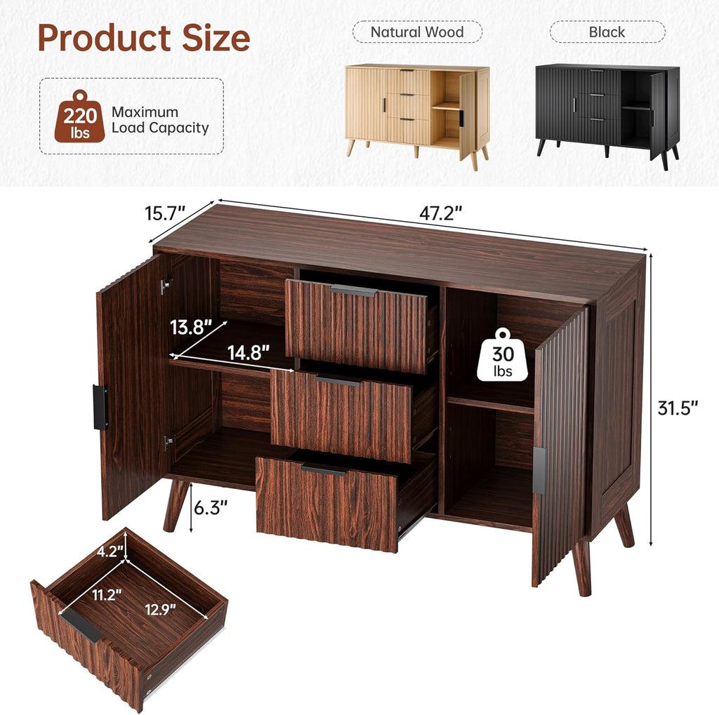 47" Walnut Sideboard Buffet Cabinet with 3 Drawers, Fluted Modern Buffet Cabinet with Storage, 2 Doors Sideboard Cabinets Accent Credenza for Dining Room|Living Room|Entryway