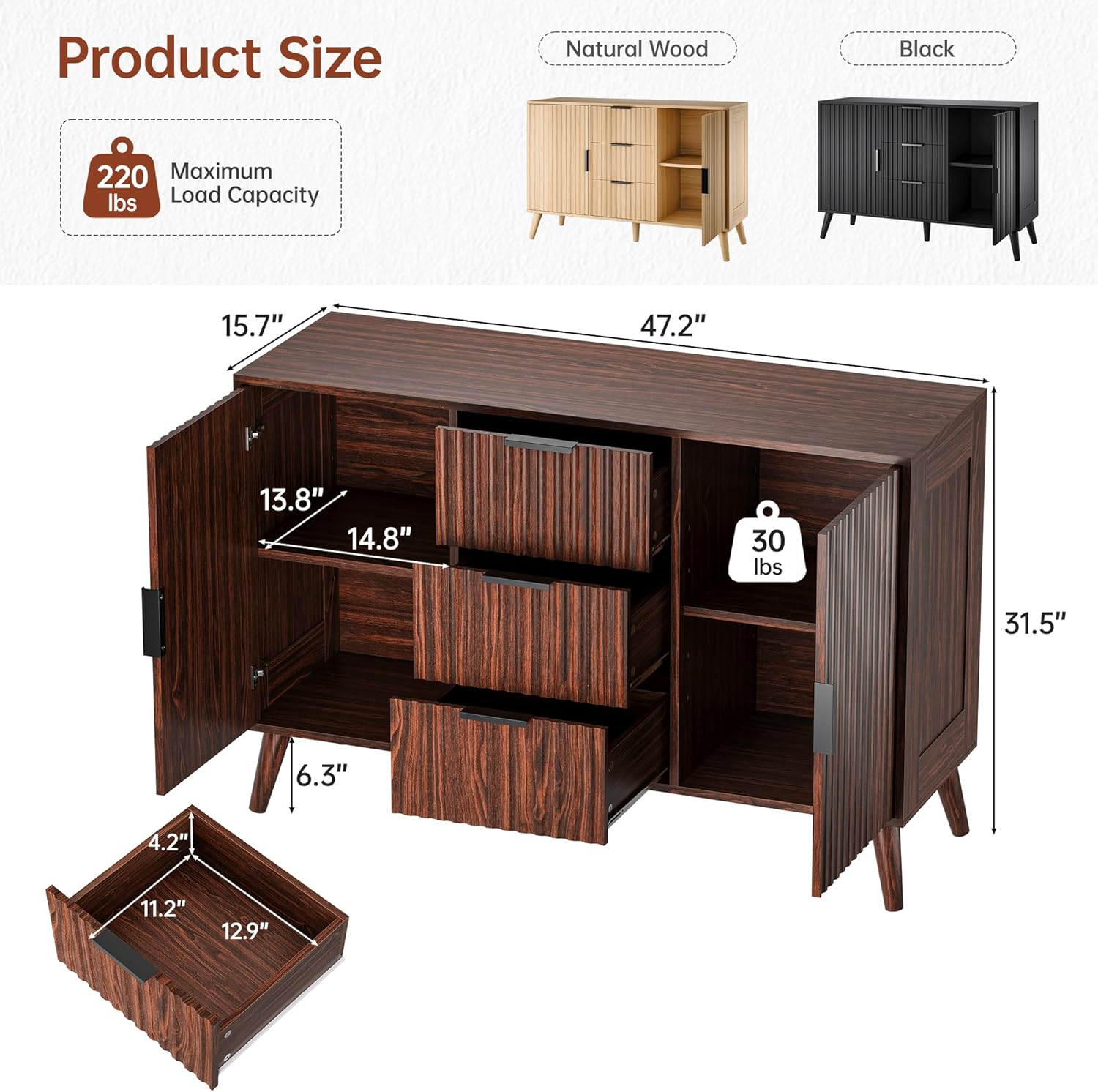 47" Walnut Sideboard Buffet Cabinet with 3 Drawers, Fluted Modern Buffet Cabinet with Storage, 2 Doors Sideboard Cabinets Accent Credenza for Dining Room|Living Room|Entryway