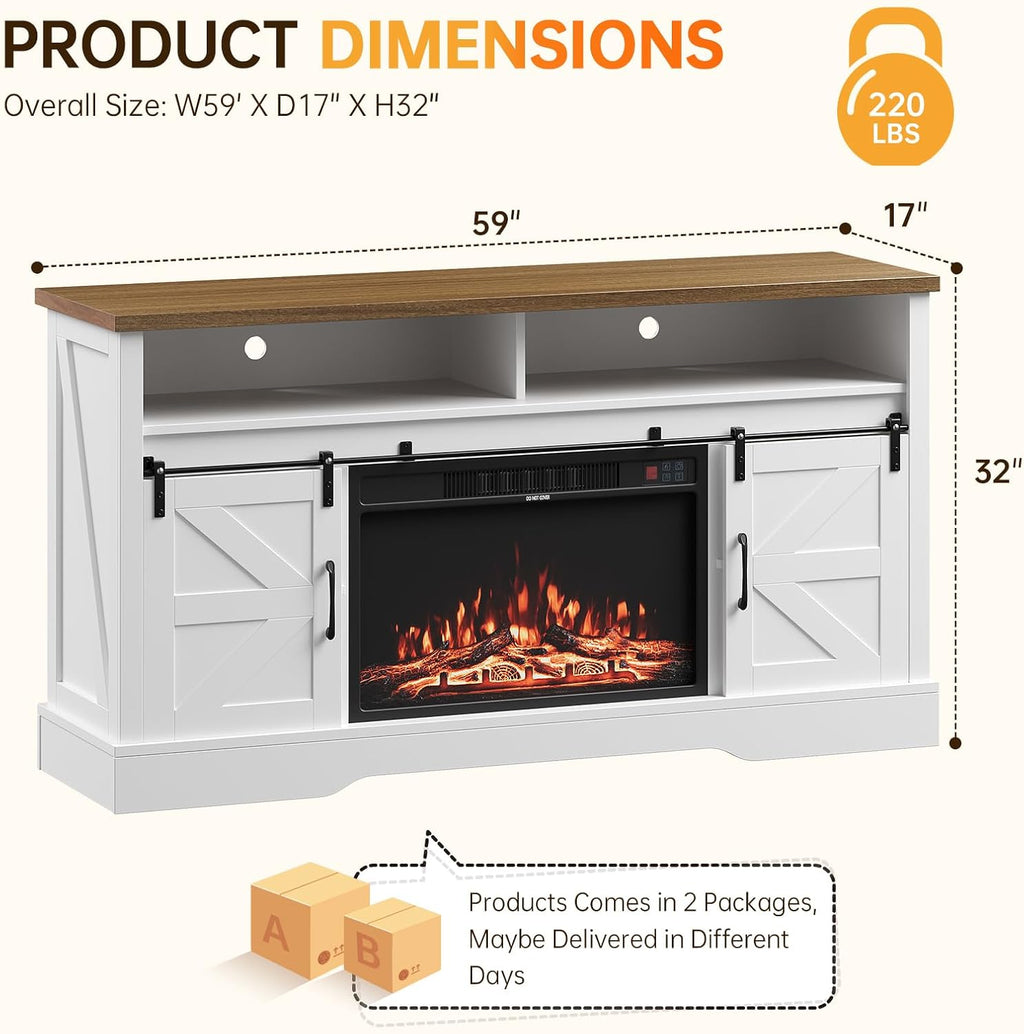 70 inch Fireplace TV Stand for Living Room, Electric Fireplace TV Stand with 12 Colors of 3D Flame & Heating, Entertainment Center with Storage Cabinet (White, Rustic Sliding)