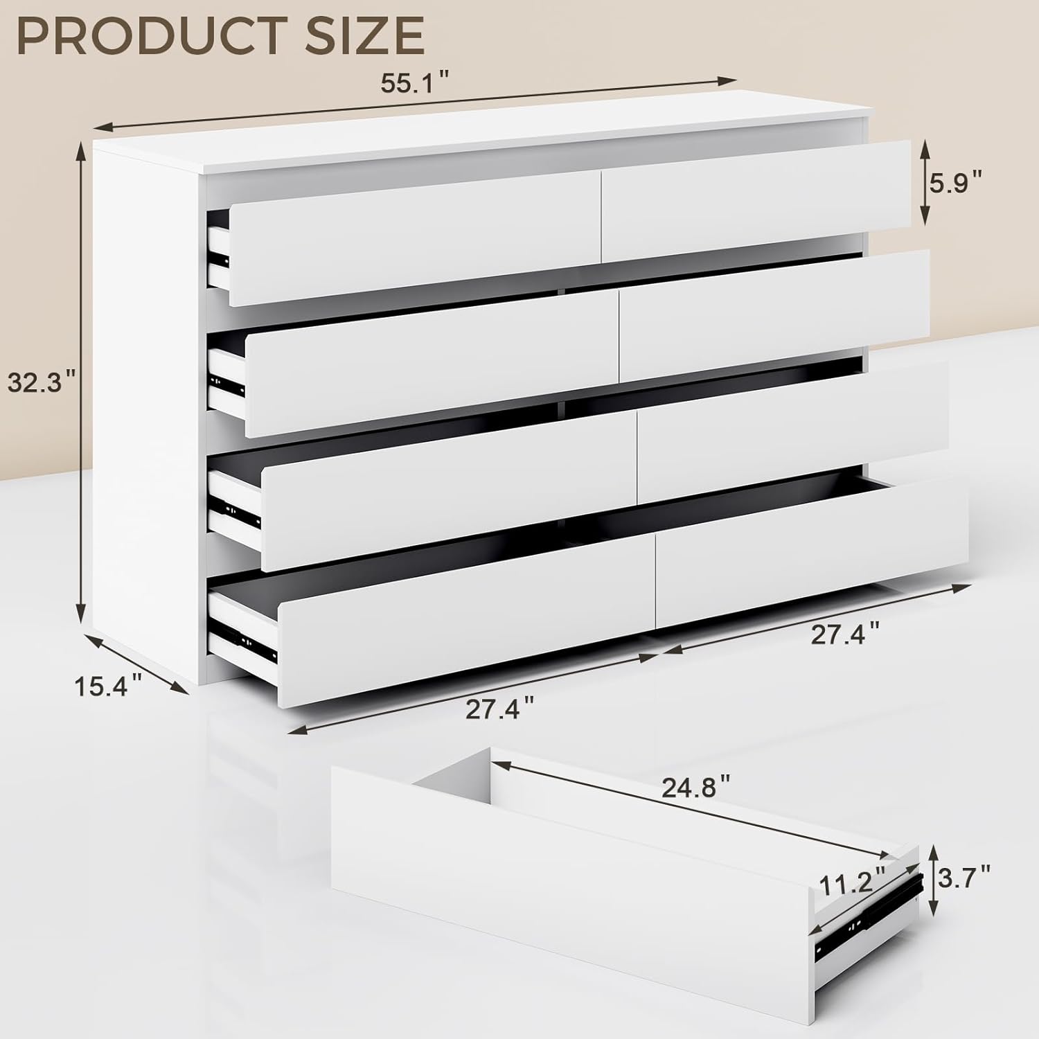 White Wood Dresser for Bedroom, 8 Drawer Dressers for Clothes Storage, Modern Dresser with Wide Drawers, Wide Wooden Chest Drawers for Living Room, Entryway, TV Stand(55" W x15.4 Dx32.3 H)