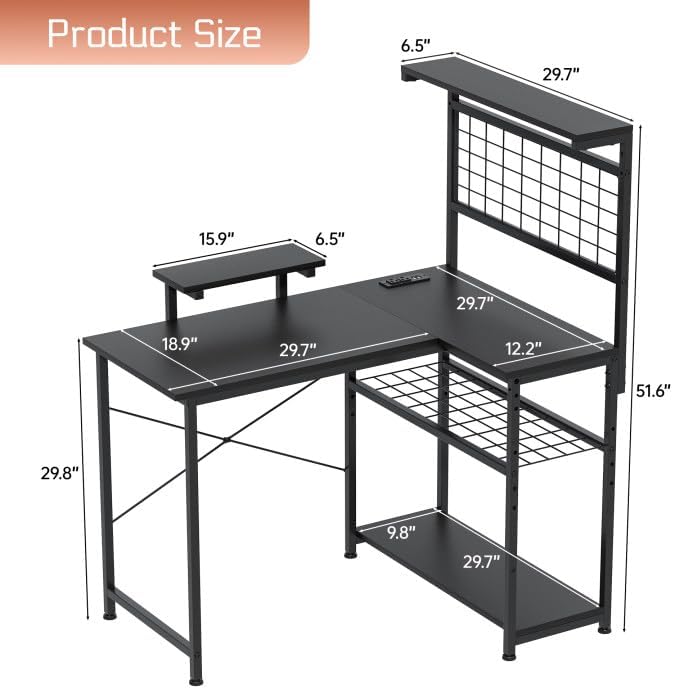 L Shaped Gaming Desk, Reversible Computer Desk with 4-Tier Shelves, Corner Desk with Pegboard, Home Office Desk with LED Lights & Power Outlets Gaming Desk with Storage, Black
