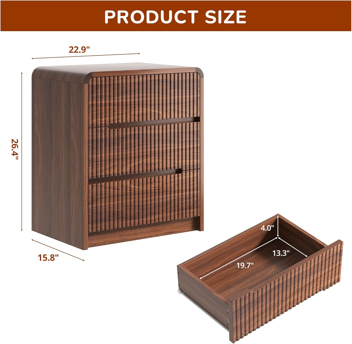 Fluted Dresser for Bedroom, 3 Drawer Dressers for Closet Small Wood Dresser Modern TV Stand, Wooden Clothes Storage Organizer Chest of Drawers for Living Room Hallway Entryway